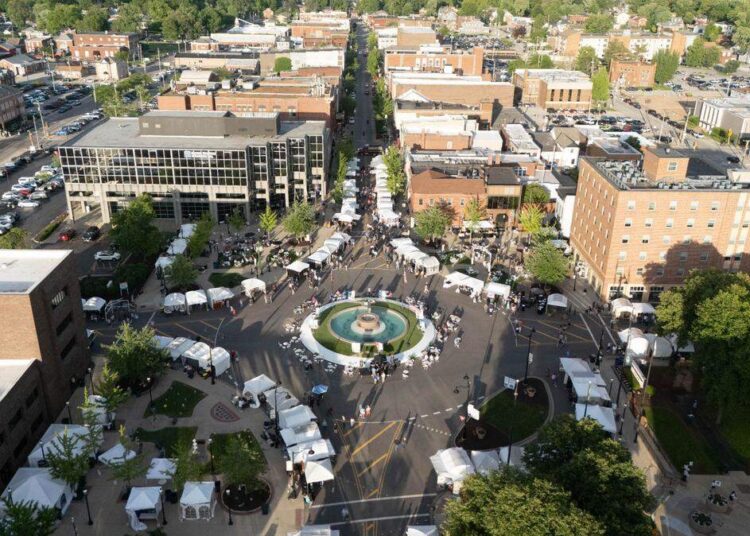 Drone photograph showing Art on the Square in 2025.