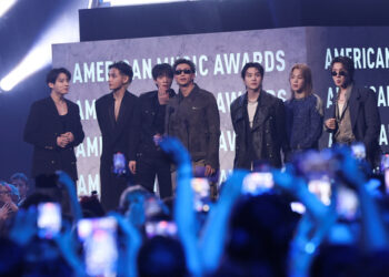Boy band BTS speaks on stage during the 2026 American Music Awards, in Las Vegas, Nevada, on, May 25, 2026. [REUTERS/YONHAP]