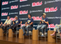 Big Slick hosts David Koechner, Eric Stonestreet, Paul Rudd, Rob Riggle, Jason Sudeikis and Heidi Gardner answer questions ahead of the 2026 Big Slick charity event in Kansas City on Friday, May 29, 2026.