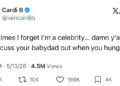 Tweet by Cardi B expressing humor about celebrity life, with engagement stats below.