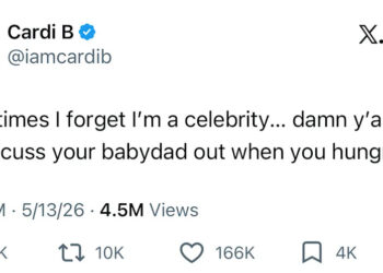 Tweet by Cardi B expressing humor about celebrity life, with engagement stats below.