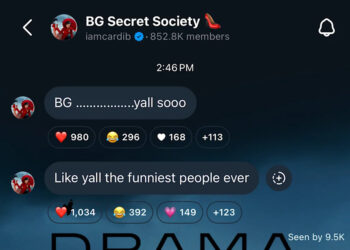 A screenshot of a chat from "BG Secret Society" by Cardi B, showing messages with reactions and member count.