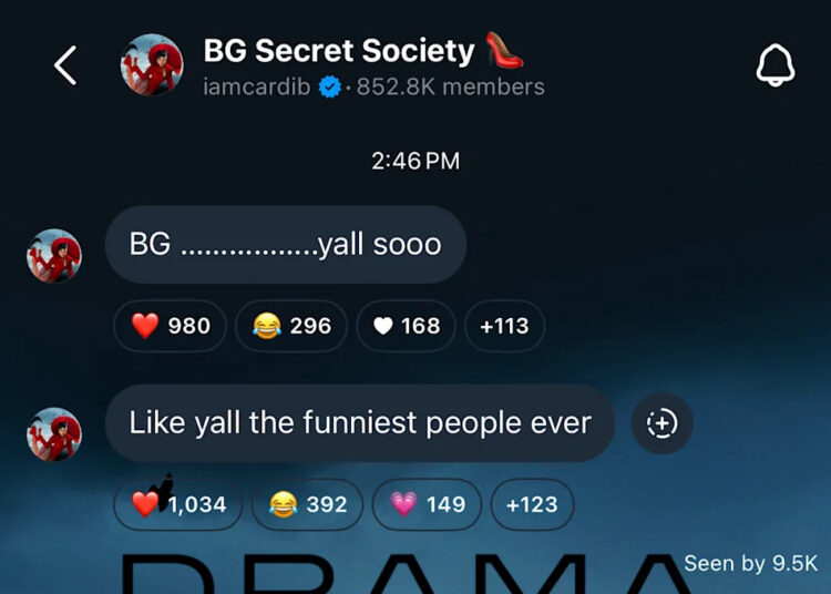 A screenshot of a chat from "BG Secret Society" by Cardi B, showing messages with reactions and member count.