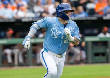 Kansas City Royals catcher Carter Jensen (22) runs toward first base after a hit vs. the Baltimore Orioles on Wednesday, April 22, 2026 at Kauffman Stadium.