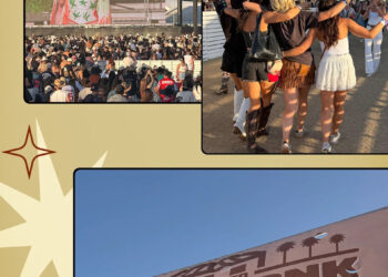 Large outdoor concert crowd facing stage screen with Ella Langley; nearby, four women walk arm-in-arm across festival grounds; a banner reading “Welcome to Honky Tonk."