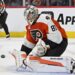 May 7, 2026; Philadelphia, Pennsylvania, USA; Philadelphia Flyers goaltender Dan Vladar (80) makes a save against the Carolina Hurricanes during the second period in game three of the second round of the 2026 Stanley Cup Playoffs at Xfinity Mobile Arena.