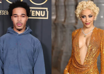 Two separate images: PlaqueBoyMax in a blue hoodie and Doja Cat in a sparkly orange dress with blonde curls.