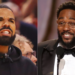Drake on the left, wearing a hoodie, and Kendrick Lamar on the right, in a tuxedo with glasses, speaking at a microphone.
