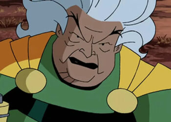 An animated version of Granny Goodness wearing her green and yellow costume.