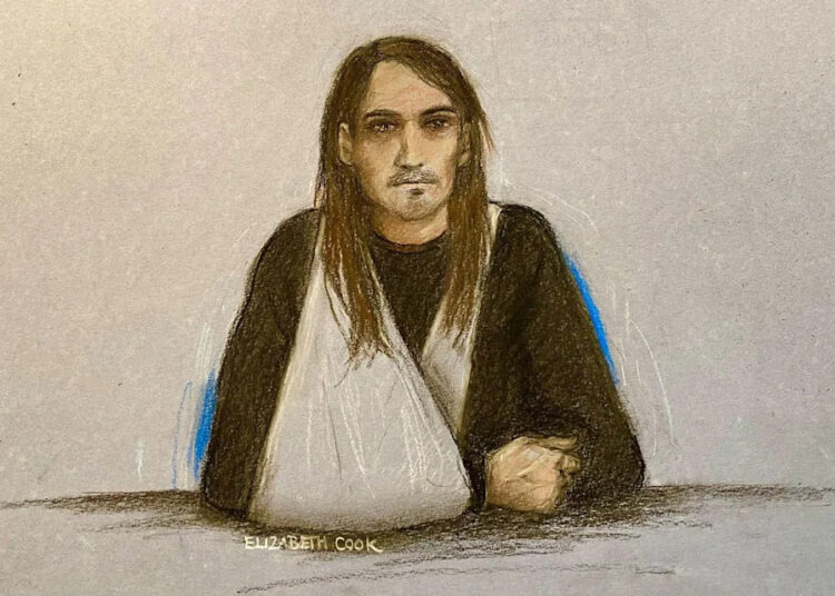 Court artist sketch by Elizabeth Cook of Alex Jenkinson appearing at Westminster Magistrates' Court, London on May 8, 2026.Credit: Alamy