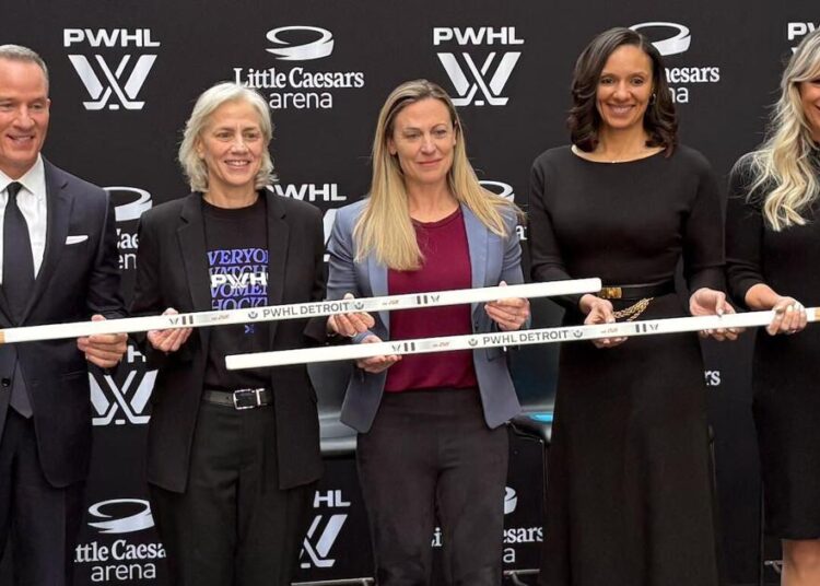 From left to right, Chris Ilitch (Ilitch Sports + Entertainment), Amy Scheer (PWHL), Jayna Hefford (PWHL), Mary Sheffield (Mayor) and Bridget Sponsky (Ally) on stage at the PWHL's press conference on Wednesday. - The Bismarck Tribune