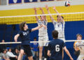 Valley View’s Antonio Farina and Jagger Roe try to block...
