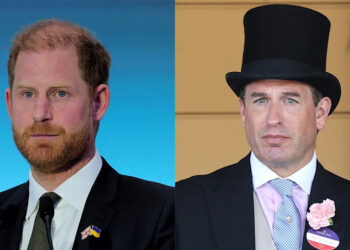 KYIV, UKRAINE - APRIL 23: Prince Harry, Duke of Sussex, delivers a speech during the Kyiv Security Forum on April 23, 2026 in Kyiv, Ukraine; ASCOT, ENGLAND - JUNE 17: Peter Phillips attends day one of Royal Ascot at Ascot Racecourse on June 17, 2025 in Ascot, England.