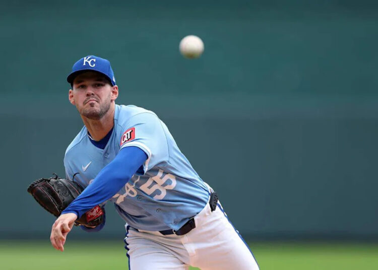 Royals starting pitcher Cole Ragans warms up at Kauffman Stadium on April 2, 2026 in Kansas City.