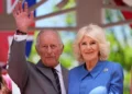 The King waves as he stands next to the Queen, who is wearing blue