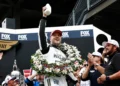 Felix Rosenqvist celebrates winning 110th running at Indianapolis with milk | Penske Entertainment: Josh Hernandez
