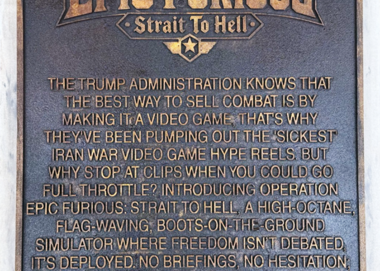 A plaque that reads "Operation Epic Furious: Strait to Hell."