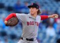 Boston Red Sox starting pitcher Connelly Early throws during the first inning of a baseball game against the Kansas City Royals, Wednesday, May 20, 2026, in Kansas City, Mo. (AP Photo/Charlie Riedel)