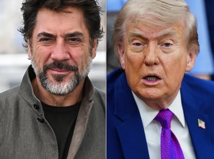 Spanish actor Javier Bardem (left) slammed Donald Trump (right) during a press conference at the Cannes Film Festival.