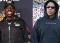 Jay-Z in a black hoodie and sunglasses at an outdoor event; Bobby Shmurda in a black jacket and cap, smiling at an indoor event.