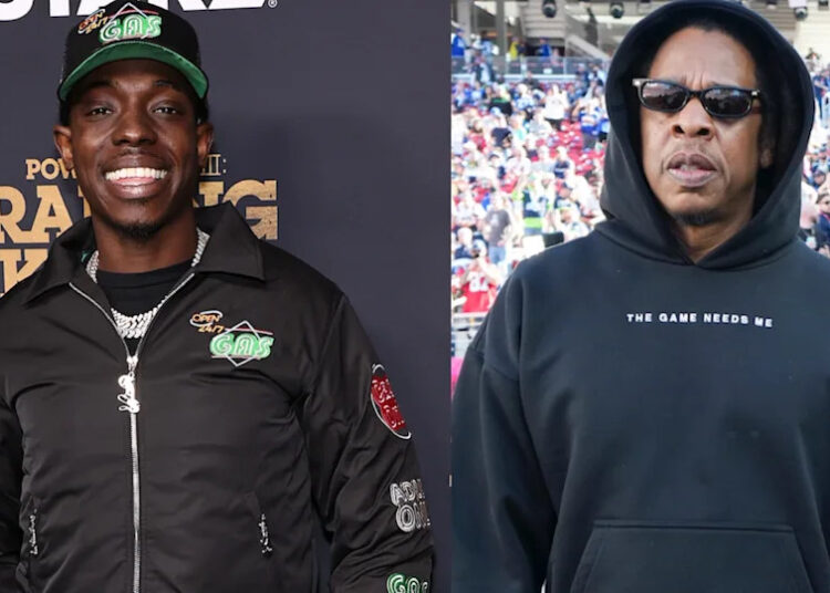 Jay-Z in a black hoodie and sunglasses at an outdoor event; Bobby Shmurda in a black jacket and cap, smiling at an indoor event.