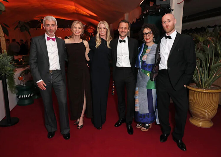 CANNES, FRANCE - MAY 14: (L to R) Ross Murray, Teresa Toews, Leah Nelson, Jay Grandin, Sarah Leavitt and Trev Renney attend the "Tangles" after party presented by Celosa Tequila at Lucia Cannes during the 79th Cannes Film Festival on May 14, 2026 in Cannes, France.Photo by Dave Benett