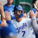 KANSAS CITY, MISSOURI - MAY 04: Bobby Witt Jr. #7 of the Kansas City Royals celebrates his home run with teammates in the fourth inning against the Cleveland Guardians at Kauffman Stadium on May 04, 2026 in Kansas City, Missouri. (Photo by Ed Zurga/Getty Images)
