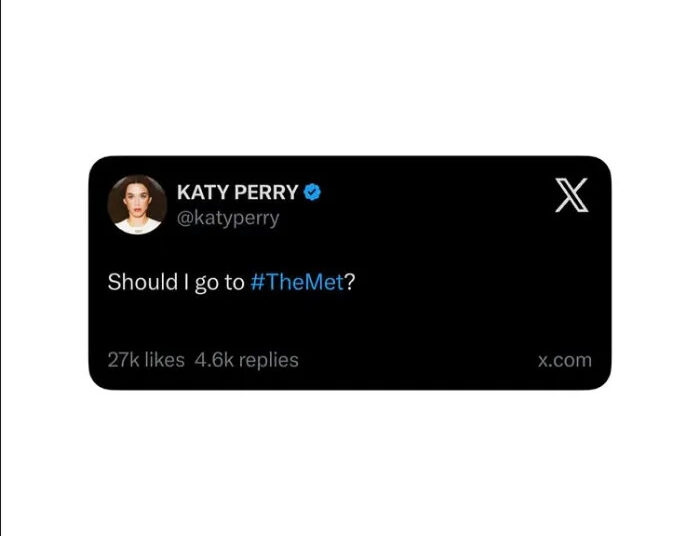Katy Perry's Instagram story showing a tweet asking, "Should I go to #TheMet?" with likes and replies.