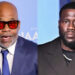Damon Dash in a blue suit and red-tinted glasses, and Kevin Hart in a dark coat with a necklace, both at an event.