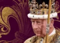 King Charles III in ceremonial coronation robes and crown against a decorative royal purple background