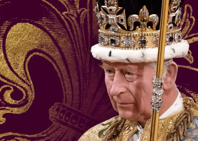 King Charles III in ceremonial coronation robes and crown against a decorative royal purple background