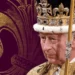 King Charles III in ceremonial coronation robes and crown against a decorative royal purple background
