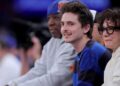 Timothée Chalamet at the New York Knicks' Game 1 against the Philadelphia 76ers on Monday, May 4, 2026.