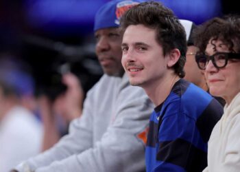 Timothée Chalamet at the New York Knicks' Game 1 against the Philadelphia 76ers on Monday, May 4, 2026.