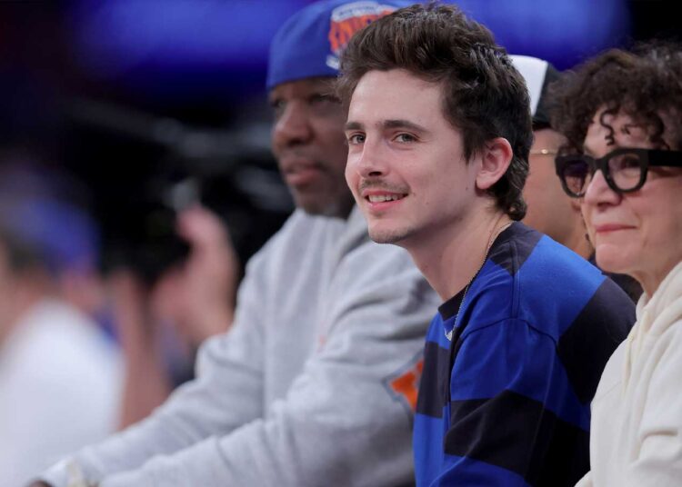 Timothée Chalamet at the New York Knicks' Game 1 against the Philadelphia 76ers on Monday, May 4, 2026.