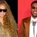 Mariah Carey in a Louis Vuitton outfit with sunglasses, and Anderson .Paak in a brown suit with a bolo tie, both smiling.