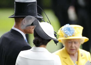 Prince Harry and Meghan Markle speak with Queen Elizabeth II at Royal Ascot in 2018. By: MEGA