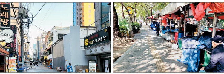 Drunken people are on their way to school, and karaoke and bars are lined up near Nonhyeon-cho, Gangnam-gu, Seoul, on their way to school. The photo on the right shows street vendors preparing for business in front of the main gate of Yeomri-cho, Mapo-gu. Reporter Cho Byung-yeon