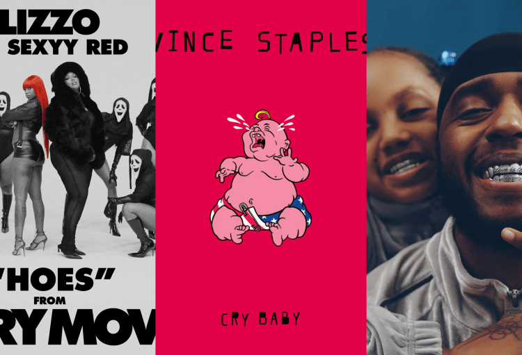 Split Image Of Cover Art For Lizzo and Sexyy Red, Vince Staples, 6LACK