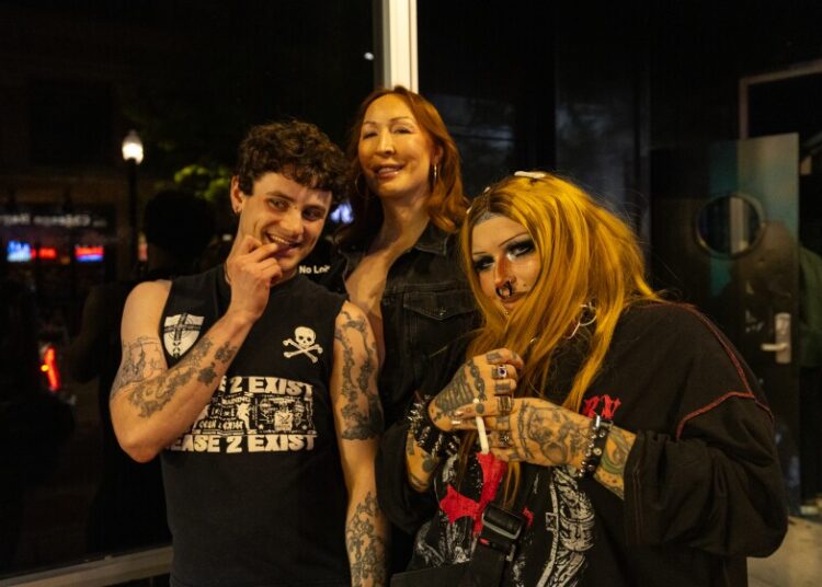 Pierce Le’Ville, 23, left, and Lola, 38, right, both of Boystown, pose with Detox, a drag queen popularized by Ru Paul’s Drag Race outside of Decibel, the new concept that took over the former Berlin nightclub, which closed after more than forty years in 2023.