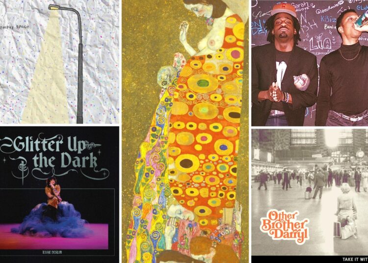 Album covers clockwise from top left: Jesus The Dinosaur's "Empty Space" (Courtesy Hannah Foxman); Eric Hofbauer and EHX's "Tongues / Hope Language" (Gustav Klimt's "Hope II"); ET & Haasan Barclay's "Bell Biv Barclay" (Courtesy Sun Brown); Other Brother Darryl's "Take It With You" (Courtesy Dan Cederholm); and Jessye DeSilva's “Glitter Up the Dark” (Courtesy Adam Gurczak/Almanak Creative).