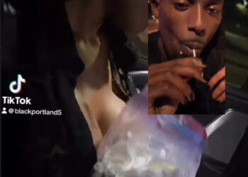 A person in a car holding a bag of money. An inset shows another person with face tattoos and piercings, holding a lollipop.
