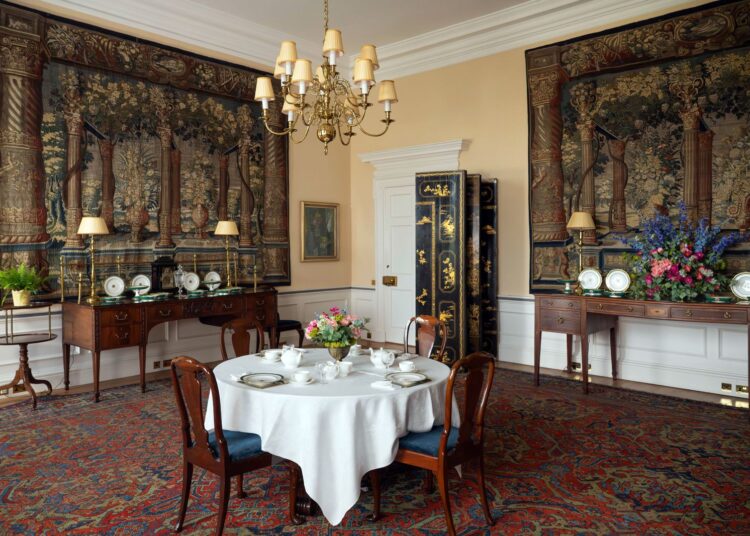 Image may contain Architecture Building Dining Room Dining Table Furniture Indoors Room Table Chandelier and Lamp