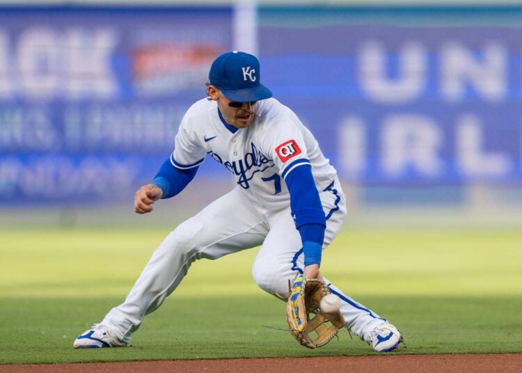Kansas City Royals shortstop Bobby Witt Jr. snags a ground ball during a game against the Boston Red Sox on Wednesday, May 20, 2026, at Kauffman Stadium.