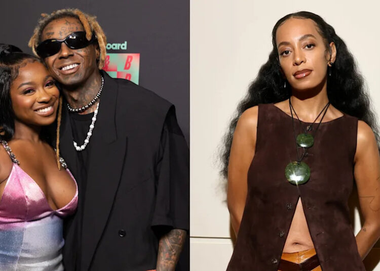 Lil Wayne with his daughter Reginae Carter on the left; Solange Knowles on the right, posing at separate events.