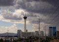 The Strat is pictured as clouds cover the sky on Thursday, July 18, 2024, in Las Vegas. (Chase ...