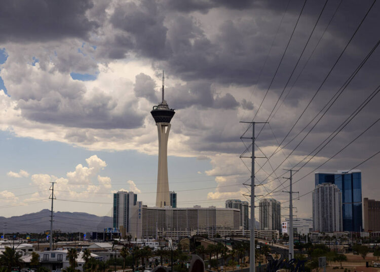 The Strat is pictured as clouds cover the sky on Thursday, July 18, 2024, in Las Vegas. (Chase ...