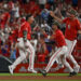 Cardinals players celebrate their walk-off 5-4 victory over the Kansas City Royals in 11 innings on Friday, May 15, 2026 at Busch Stadium in St. Louis.