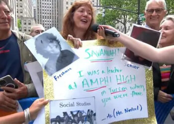 Savannah Guthrie's former teacher honors her on the 'Today' Show Plaza on May 6.Credit: NBC
