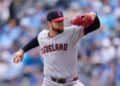 May 7, 2026; Kansas City, Missouri, USA; Cleveland Guardians pitcher Slade Cecconi (44) pitches during the first inning against the Kansas City Royals at Kauffman Stadium. Mandatory Credit: Jay Biggerstaff-Imagn Images